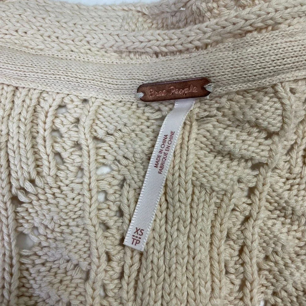 Free People Cream Pointelle Cable Knit Wrap Cardigan XS Puff Sleeve Cropped